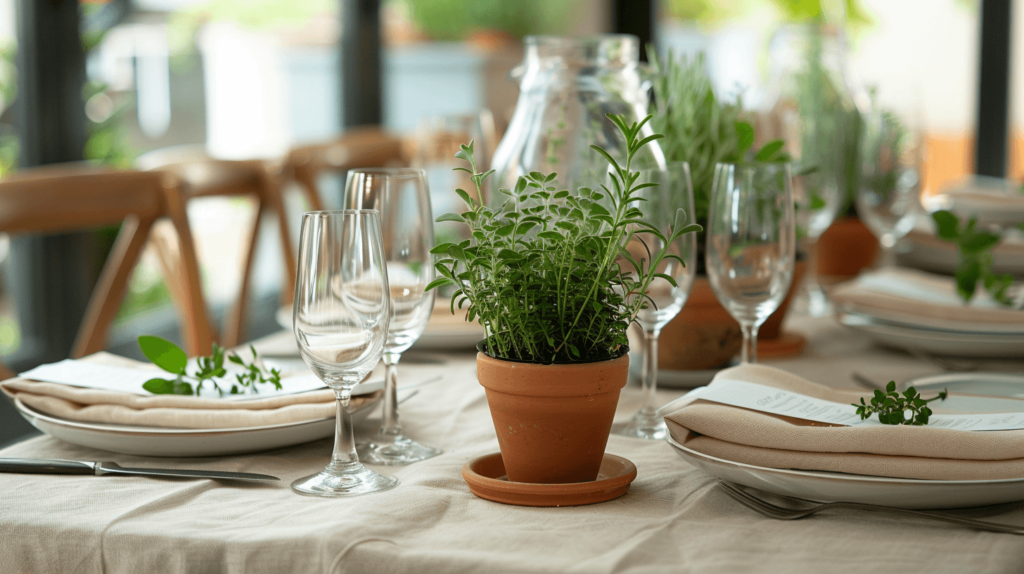 An herb-themed Earth Day tablescape where each place setting includes a small potted herb as a gift for guests. Pair this with organic linen napkins and plates made from recycled glass, creating a sensory and sustainable dining experience.