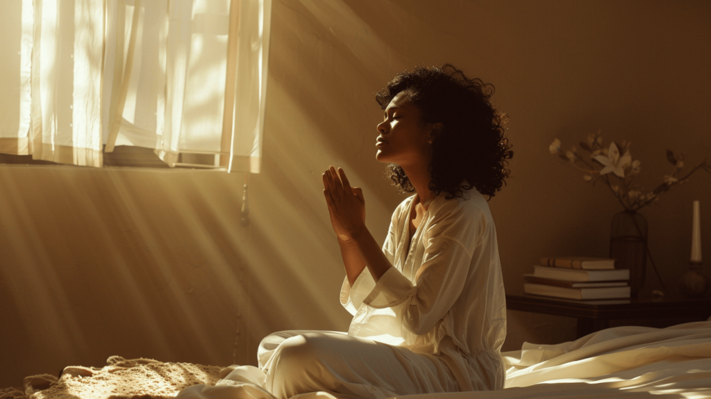 Generate an image of a calm woman kneeling beside her bed in a moment of prayer. She has shoulder-length curly black hair and is dressed in a simple white nightgown. The room is softly lit by the early morning light filtering through a nearby window, casting gentle shadows. A small bedside table holds a few books and a vase with fresh flowers. Her posture is relaxed and her face, uplifted slightly, shows an expression of deep peace and devotion; prayers for mental health.