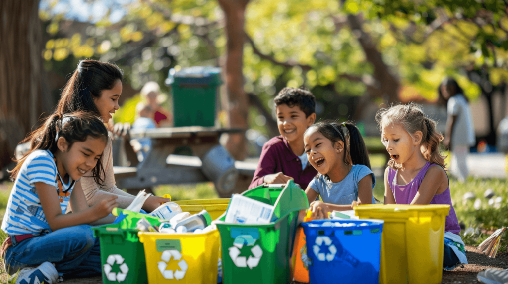 Visualize a group of children and adults participating in a fun recycling challenge during an Earth Day party. The setting is outdoors in a park, with different bins labeled for various types of recyclables. Participants are laughing and enjoying the game, with trees and picnic tables in the background. 
