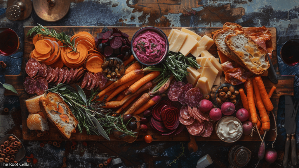 a charcuterie board called "The Root Cellar," showcasing roasted beets, parsnips, sweet potatoes, aged and smoked gouda, rye bread, oat crackers, beetroot dip, olives, and pickles.

