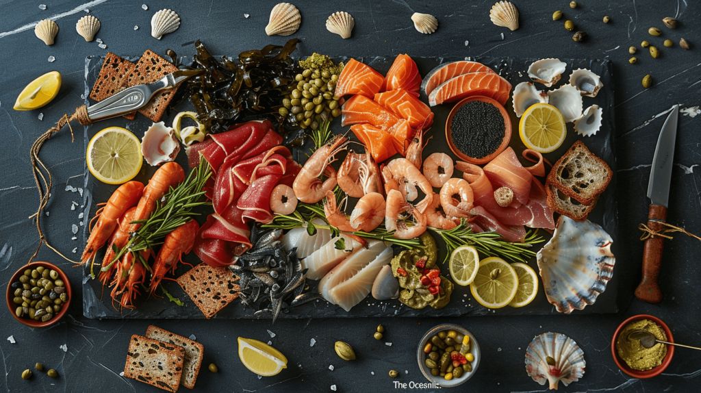 Visualize a charcuterie board themed as "The Oceanic." Include smoked salmon, tuna sashimi, shrimp cocktail, seaweed salad, capers, lemon slices, black sesame crackers, and wasabi dip. Decorate with seashells and coarse sea salt.