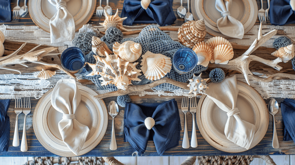 A seaside-inspired Earth Day tablescape using a palette of deep blues and sandy beiges. Decor includes shells, driftwood, and a net-like runner made from recycled materials, creating a connection to the ocean's natural beauty and fragility.