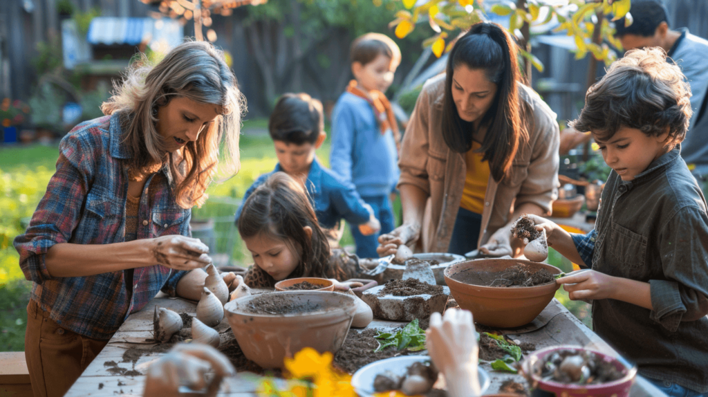Capture a scene where guests at an Earth Day party are making seed bombs. The table is set up outdoors with all the necessary materials spread out--clay, compost, and seeds. People of various ages are actively involved, molding and preparing their seed bombs.