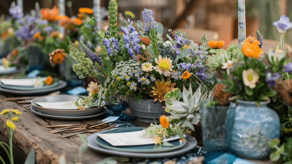 wildflowers on the table with simple placesettings 