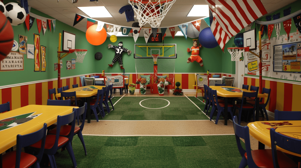 Sports Extravaganza Theme: An energetic sports-themed graduation party room, decorated with elements like mini basketball hoops, soccer nets, and pennants, along with team colors and mascots