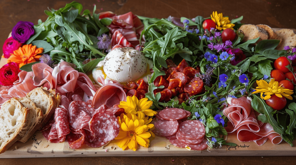 "Spring Meadow" charcuterie board featuring mozzarella, burrata, fresh basil, sliced prosciutto, salami, arugula, spinach with edible flowers, lemon zest, ciabatta, and olive oil.

