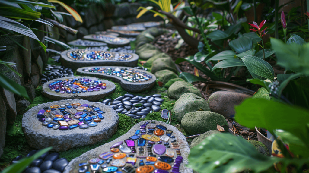 A serene garden path lined with handmade stepping stones, each uniquely crafted from concrete. The stones are decorated with colorful pebbles, pieces of bright colored glass, and the handprints of family members, creating a personal and whimsical pathway. Lush green plants and flowers border the path, enhancing the natural beauty and tranquility of the garden setting. The sunlight filters through the leaves, casting gentle patterns on the path, highlighting the artistic and sentimental value of the stepping stones. 