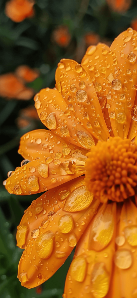 A close-up of a bright orange marigold, with droplets of morning dew on its petals. 