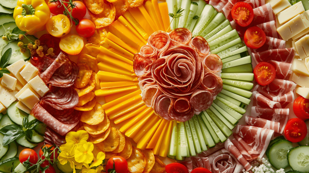 an image of a Sunburst charcuterie board. Start with a round of soft cheese in the center as the sun, radiate slices of different colored cheeses, cured meats, and crisp vegetables outward in a sunburst pattern. Use yellow and orange foods like bell peppers, cherry tomatoes, and apricots to enhance the sunny theme.