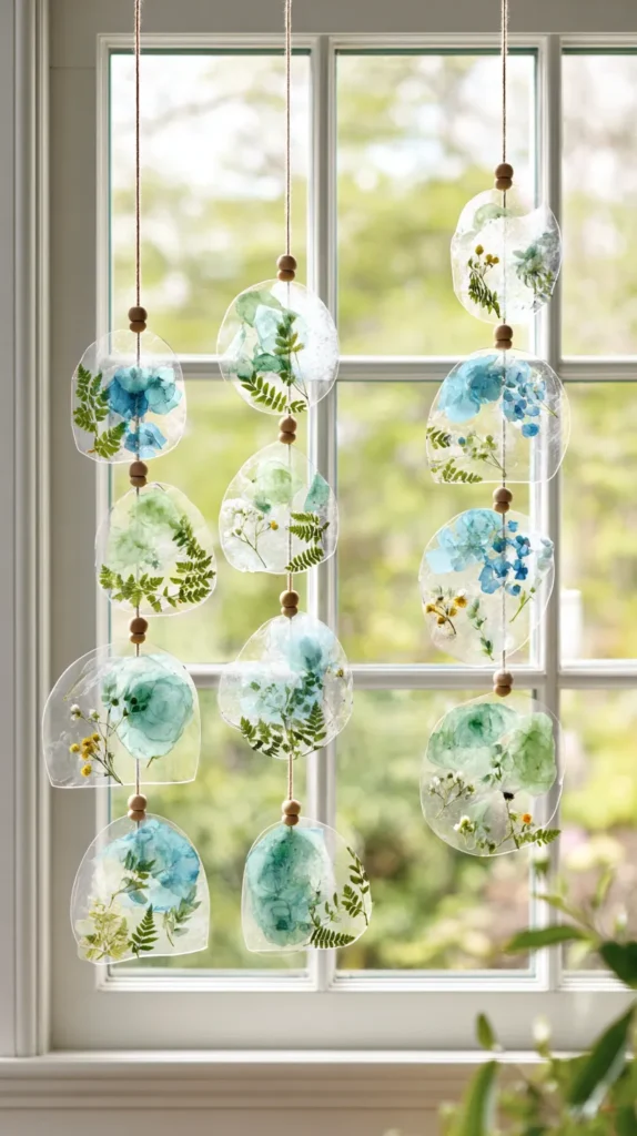 hyper-realistic photo of a finished Earth Day window garland craft made from recycled clear plastic lids, each lid cut into soft circles and arches, layered with torn blue and green tissue paper, tiny pressed flowers, small fern pieces, and delicate leaf fragments inside, hanging vertically from natural twine with small wooden beads between each piece, sunlight shining through the translucent garland to create a soft stained glass effect, displayed in front of a bright kitchen window, airy natural light, clean white window trim, subtle garden greenery outside, pretty handmade detail, eco friendly spring craft aesthetic, realistic textures, crisp focus, no people, no text, no watermark