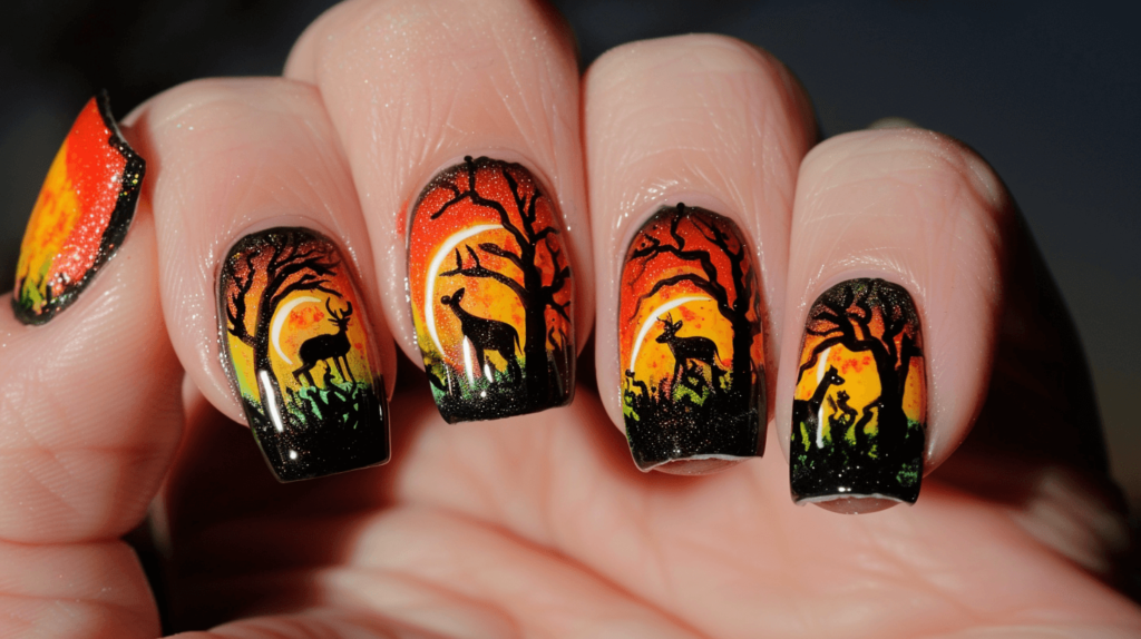Sunset Silhouettes: Use oranges, yellows, and greens to create a stunning sunset effect. Paint silhouettes of trees and animals against this backdrop to capture the serene beauty of nature.