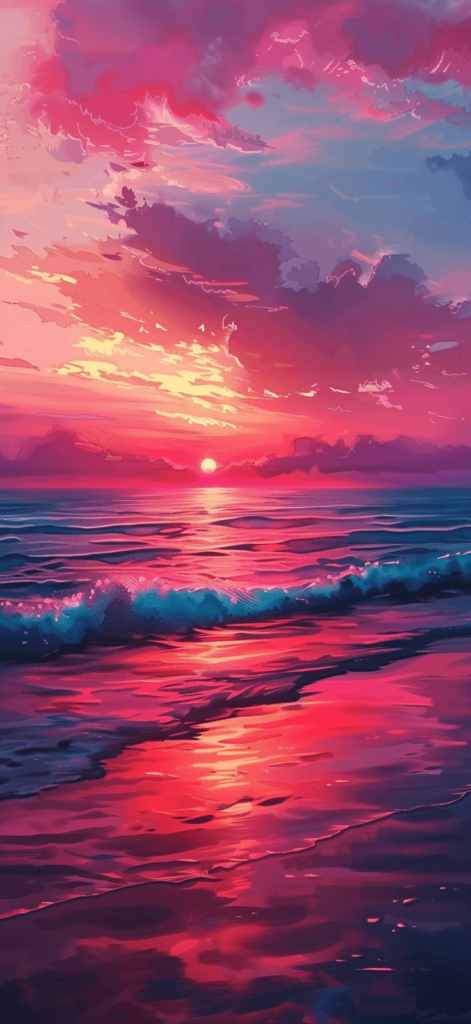 A vibrant sunset over the ocean, where the sky meets the sea in shades of pink and purple. 