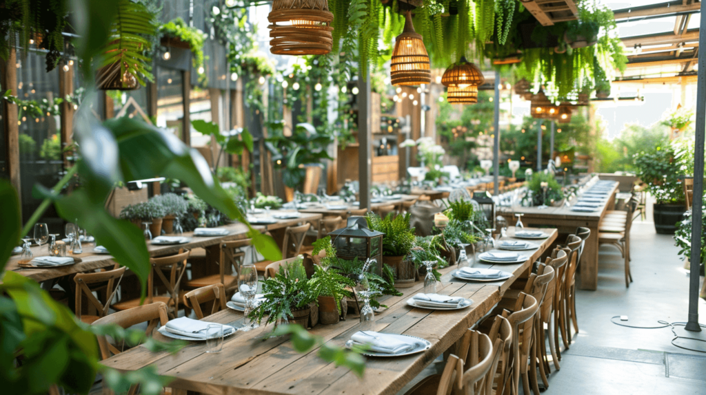 Sustainability and Green Future: An eco-friendly graduation party environment emphasizing sustainability, with decorations made from recycled materials, greenery, and an organic, natural ambiance, showcasing a commitment to a greener future.