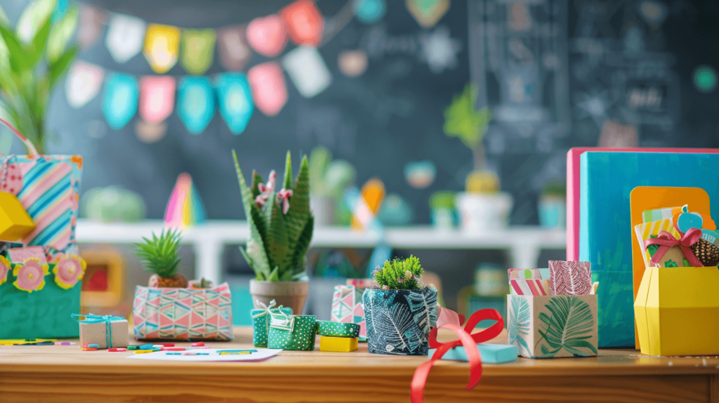 A cheerful, well-lit classroom setting with a variety of teacher appreciation gifts displayed on a desk. The gifts include a mix of handmade items, such as a crafted thank-you card, a small, personalized plant pot, and a colorful gift card bouquet. In the background, there's a chalkboard; no words or text in this image at all