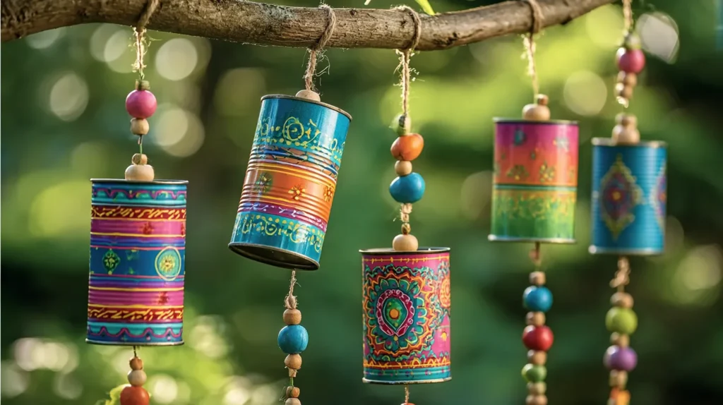 hyper-realistic photo of colorful DIY tin can wind chimes hanging from a rustic tree branch outdoors, recycled metal cans painted with bright hand-drawn folk art patterns in turquoise, pink, orange, green, and blue, each can suspended with natural jute twine and finished with strings of round multicolored beads, cheerful eco friendly garden craft, soft natural sunlight, lush green bokeh background, crisp metal texture, detailed painted designs, shallow depth of field, vibrant spring backyard setting, no people, no text, no watermark
