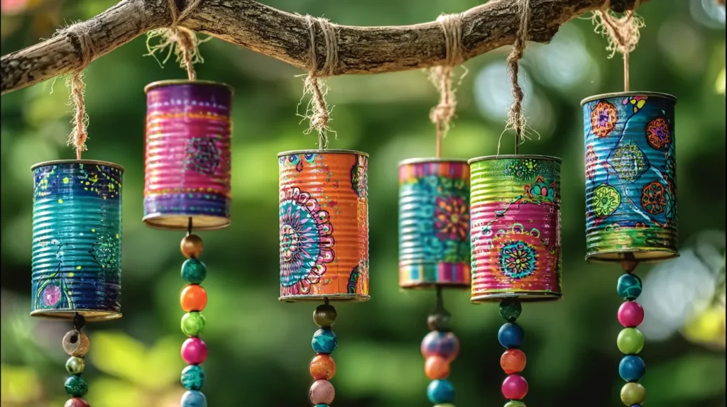 hyper-realistic photo of colorful DIY tin can wind chimes hanging from a rustic tree branch outdoors, recycled metal cans painted with bright hand-drawn folk art patterns in turquoise, pink, orange, green, and blue, each can suspended with natural jute twine and finished with strings of round multicolored beads, cheerful eco friendly garden craft, soft natural sunlight, lush green bokeh background, crisp metal texture, detailed painted designs, shallow depth of field, vibrant spring backyard setting, no people, no text, no watermark