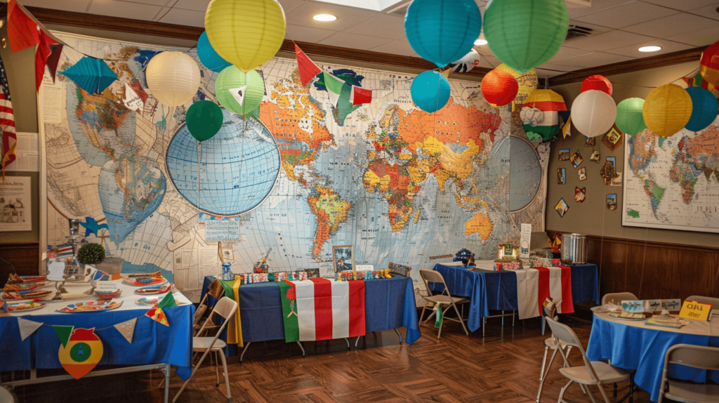 Travel the World Theme: A graduation party room decorated with maps, globes, and flags from various countries, creating an international travel atmosphere with stations representing different destinations 