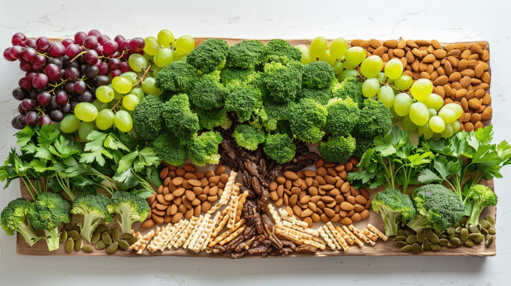 a charcuterie board in the shape of a Tree of Life on a rectangular base. Use breadsticks or pretzel sticks to form the trunk and green grapes, broccoli florets, and fresh herbs like parsley or cilantro for the leaves. Scatter nuts and seeds at the base to represent the earth.