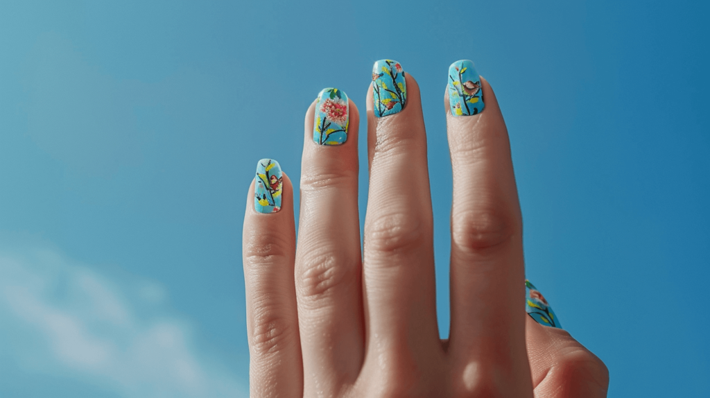 Nature and Wildlife Theme: Design your nails with a sky-blue background and paint tiny trees and birds to represent the importance of wildlife conservation. This can serve as a reminder of the ecosystems we strive to protect.