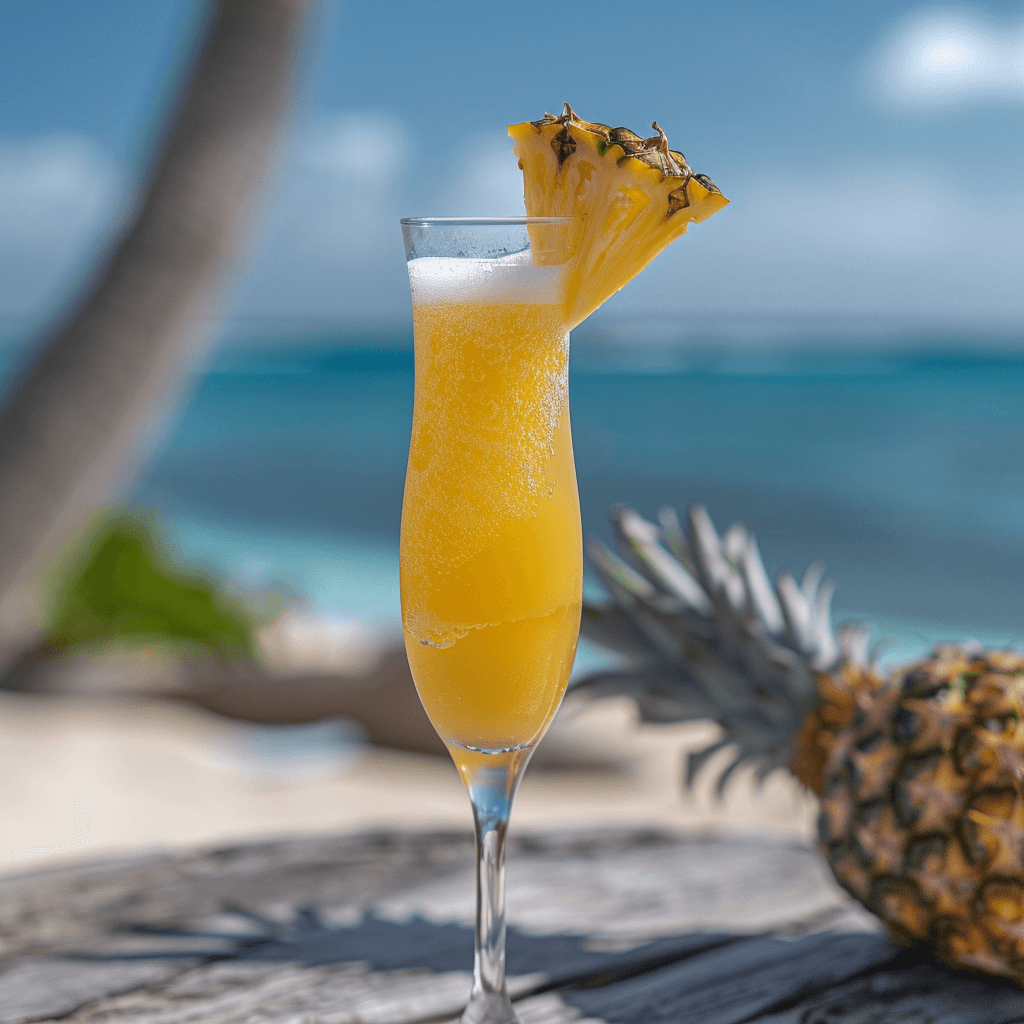 A tropical-themed mimosa featuring a clear flute filled with a mixture of champagne, bright yellow pineapple juice, and a splash of coconut water. The drink is garnished with a wedge of pineapple on the rim, situated on a beach table with a view of the ocean.