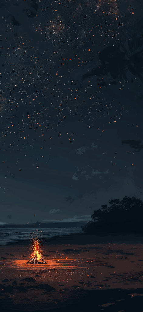 A nighttime beach scene, with a bonfire and stars visible in the sky above.