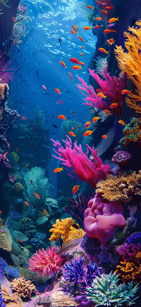 Underwater Coral: A vibrant underwater scene with colorful coral and fish, highlighting the wonders of marine life. Earth Day iPhone wallpaper.