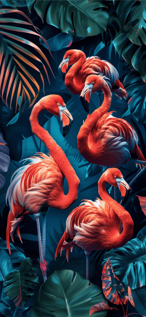 A pattern of flamingos standing in water, with tropical leaves in the background.