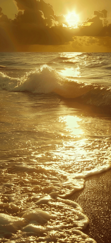 Ocean at Dusk: A serene beach scene with the sun setting over the ocean, casting a golden glow on the waters. - Earth Day iPhone wallpaper