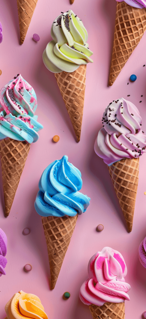 A pattern of colorful ice cream cones with different flavors, perfect for a sweet summer treat. 