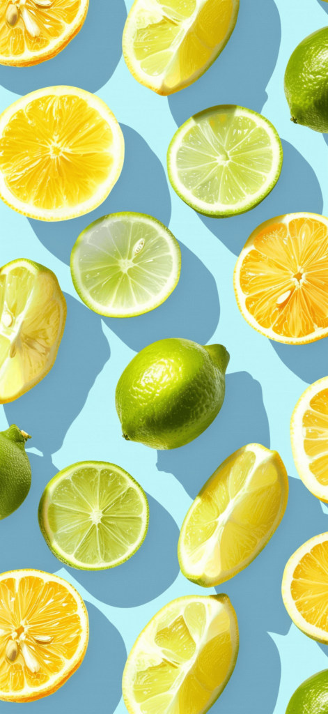 A playful pattern of sliced lemons and limes against a light blue background. 