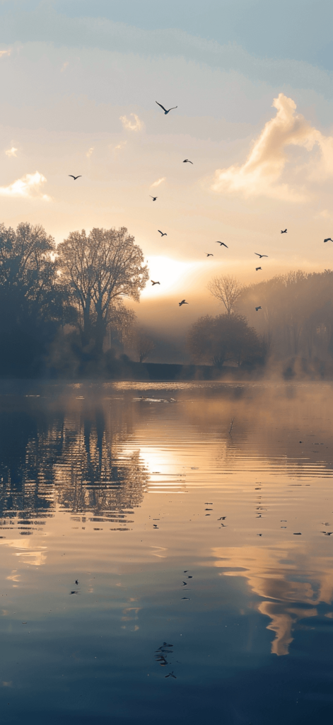 A quiet lake at sunrise, with mist rising from the water and birds flying low. 