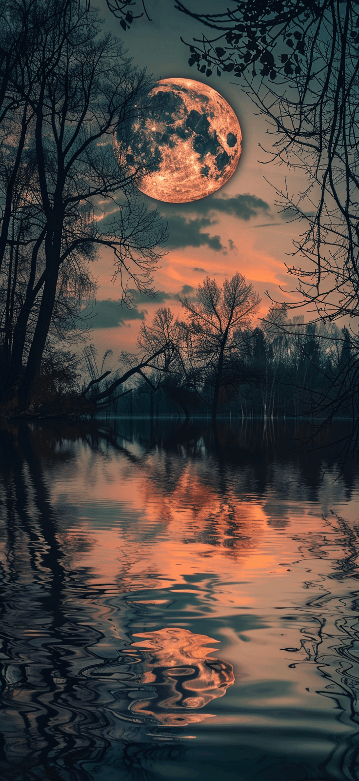 Full Moon Over Water: A dramatic scene of a full moon reflected in a calm lake, capturing the peaceful essence of the night.
