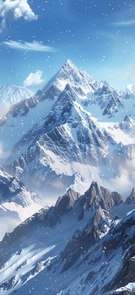 Snowy Mountain Peaks: Majestic mountains covered in snow, evoking the peacefulness and grandeur of the Earth.