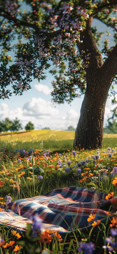A realistic scene of a picnic blanket laid out under a tree, surrounded by a field of wildflowers.