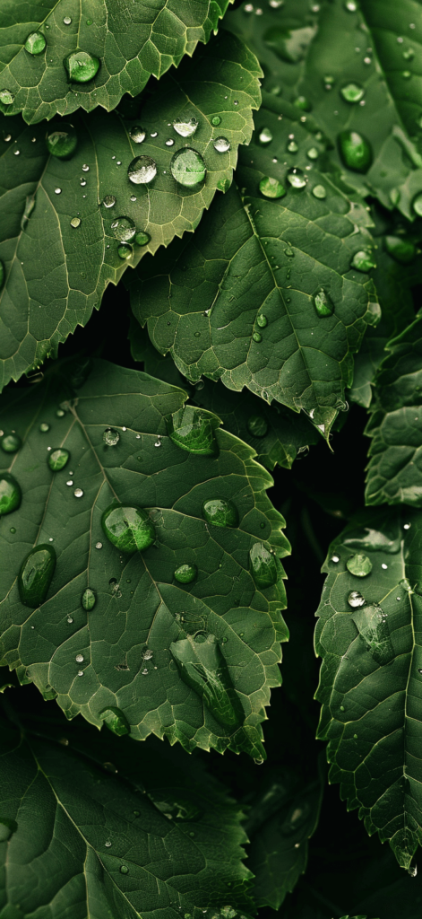Raindrops on Leaves: Close-up of raindrops on green leaves, a simple yet profound representation of the Earth's life-giving elements. Earth Day iPhone wallpaper.