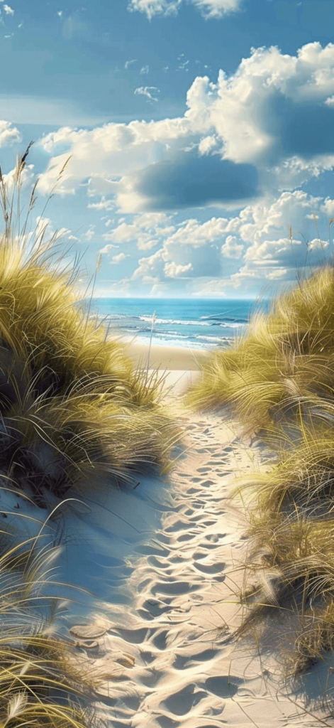 A realistic image of a coastal walking path, flanked by wild dune grass and overlooking a sunny beach. This wallpaper could evoke feelings of a peaceful summer stroll along the shore.