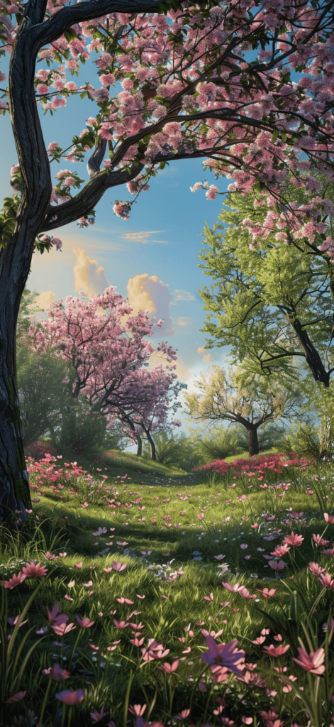 spring forest with cherry blossom trees; Earth Day iPhone wallpaper