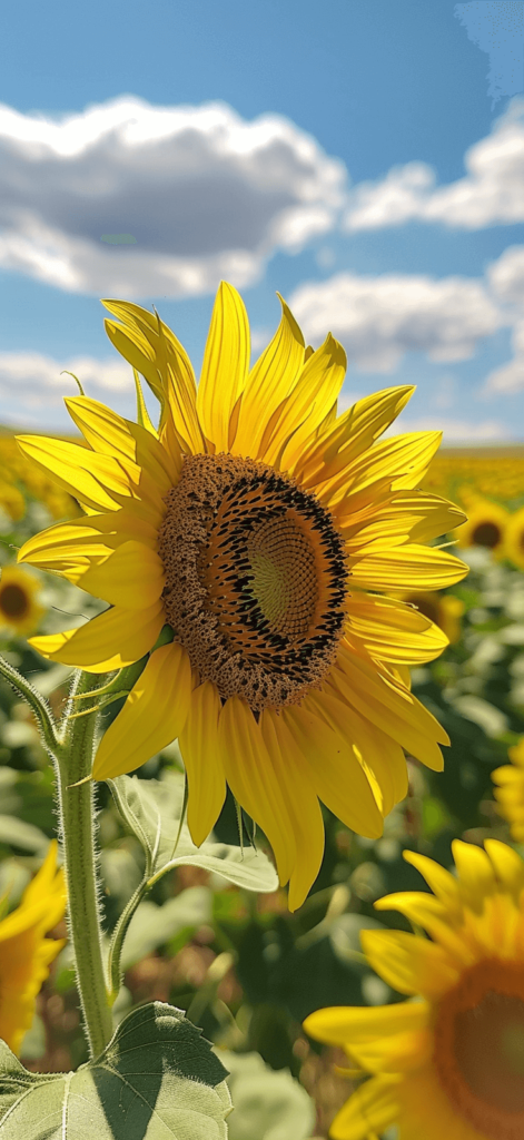 A close-up of a sunflower field, focusing on one flower in full bloom against a sunny sky. 
