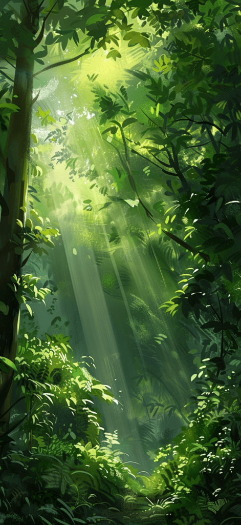 Verdant Greenery: A lush green landscape with rays of sunlight filtering through the leaves.