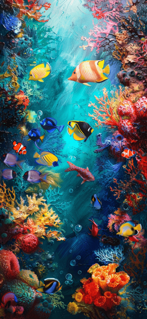 An underwater view of coral and tropical fish in a rainbow of colors. 