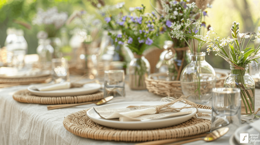 A whimsical Earth Day tablescape dotted with wildflowers and small succulents as centerpieces. Use recycled paper placemats and napkins printed with floral designs to enhance the wild, natural theme.