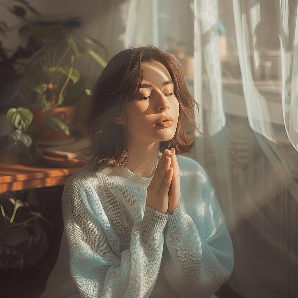 Create an image of a serene woman sitting in a quiet, sunlit room, her hands gently folded in prayer. She has medium-length brown hair and is wearing a comfortable, light blue sweater. The room around her is minimally decorated with a few potted plants, a small wooden table, and a white sheer curtain softly diffusing the sunlight. Her eyes are closed, and her expression is one of peaceful contemplation, reflecting a moment of deep personal reflection and tranquility. 