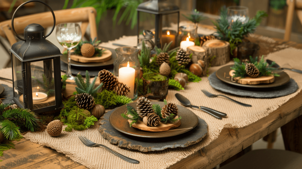 Bring the forest to your table with an Earth Day tablescape featuring elements like pine cones, moss, and branches. Use a burlap runner and serve on slate or wood platters for a true woodland feel.