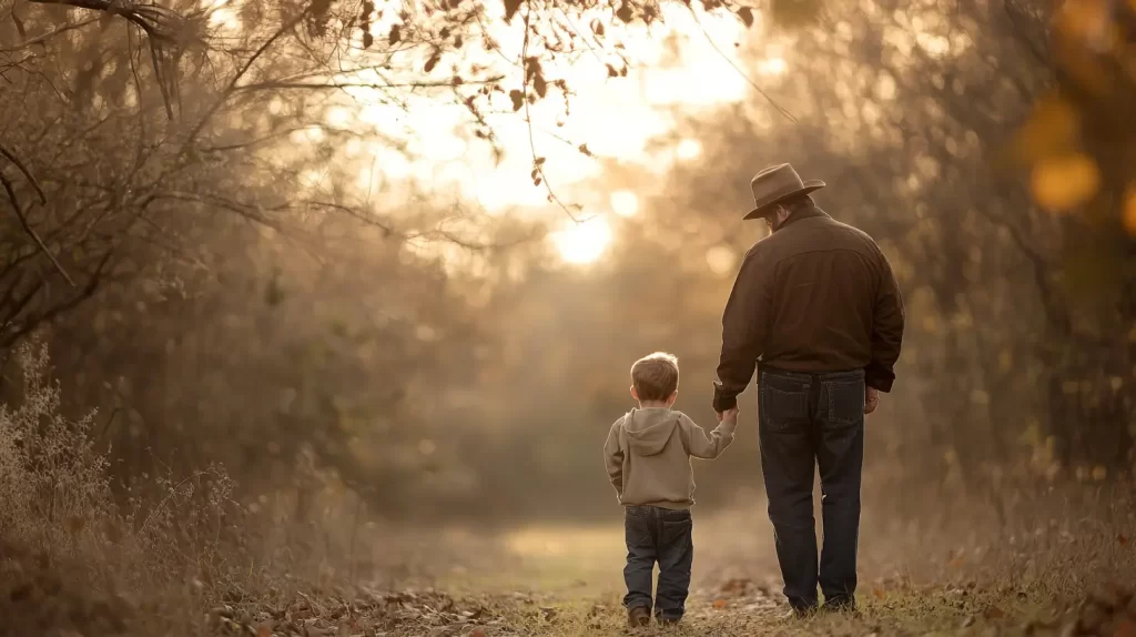 dad walking in the forest with his son