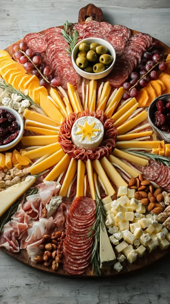 a selection of meats and cheeses formed into a circular shape