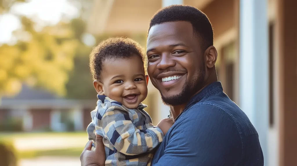 black man holding his cute black baby outside