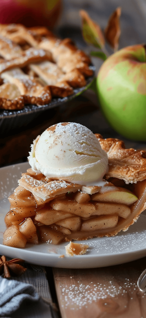 A close-up shot of a slice of apple pie with a scoop of vanilla ice cream, a quintessential American dessert. American iPhone wallpaper.