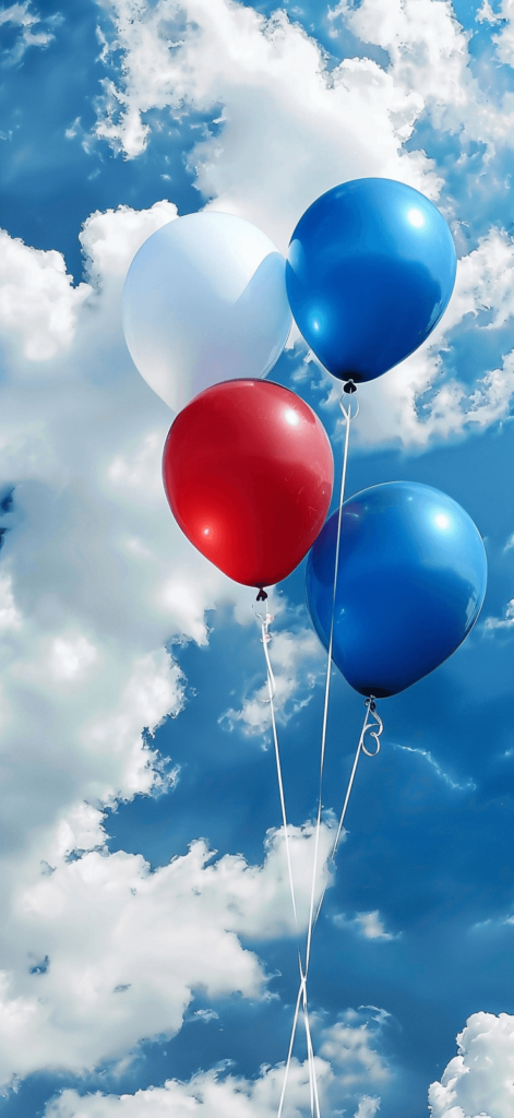 A realistic design featuring red, white, and blue balloons soaring against a backdrop of fluffy clouds. 