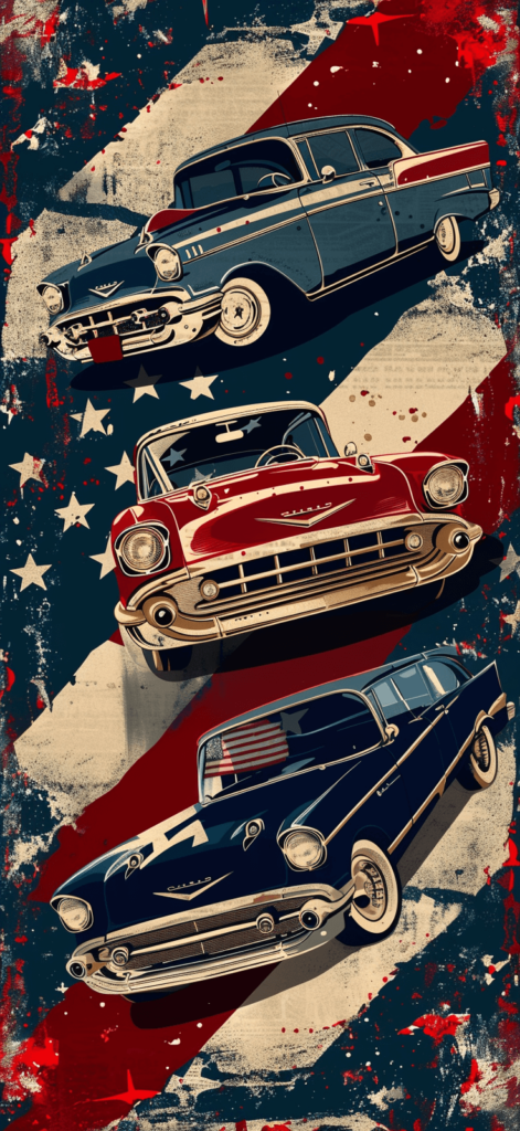 A retro-inspired design featuring vintage cars adorned with American flags, reminiscent of classic Americana. American iPhone wallpaper.