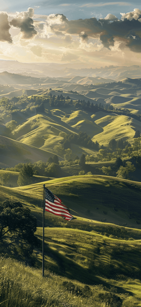 A scenic landscape with rolling hills and a majestic American flag waving proudly in the breeze.